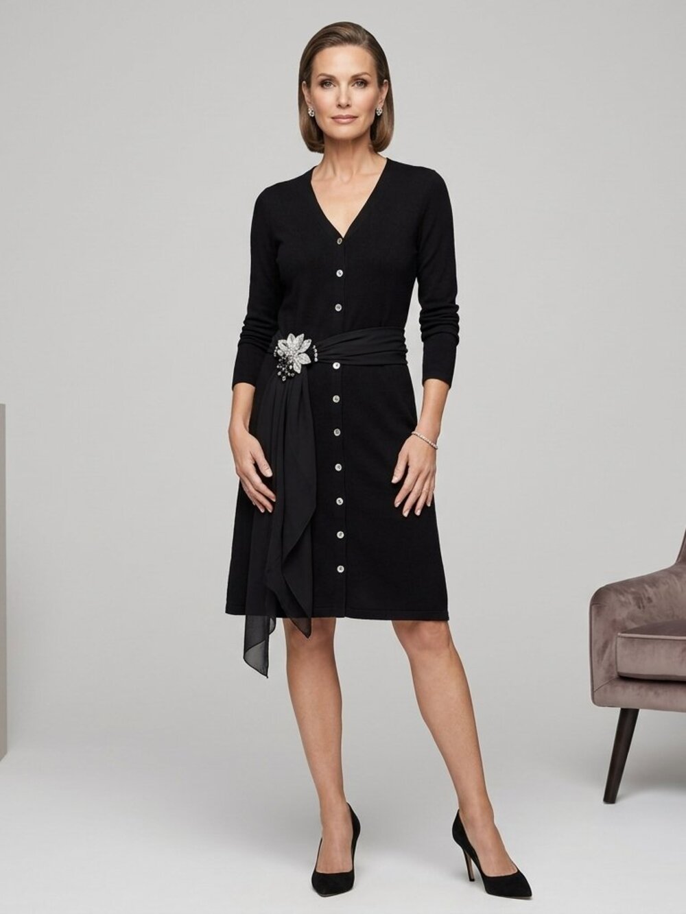 Lark + Grey Black Knit Button Up Cardigan Sweater Dress